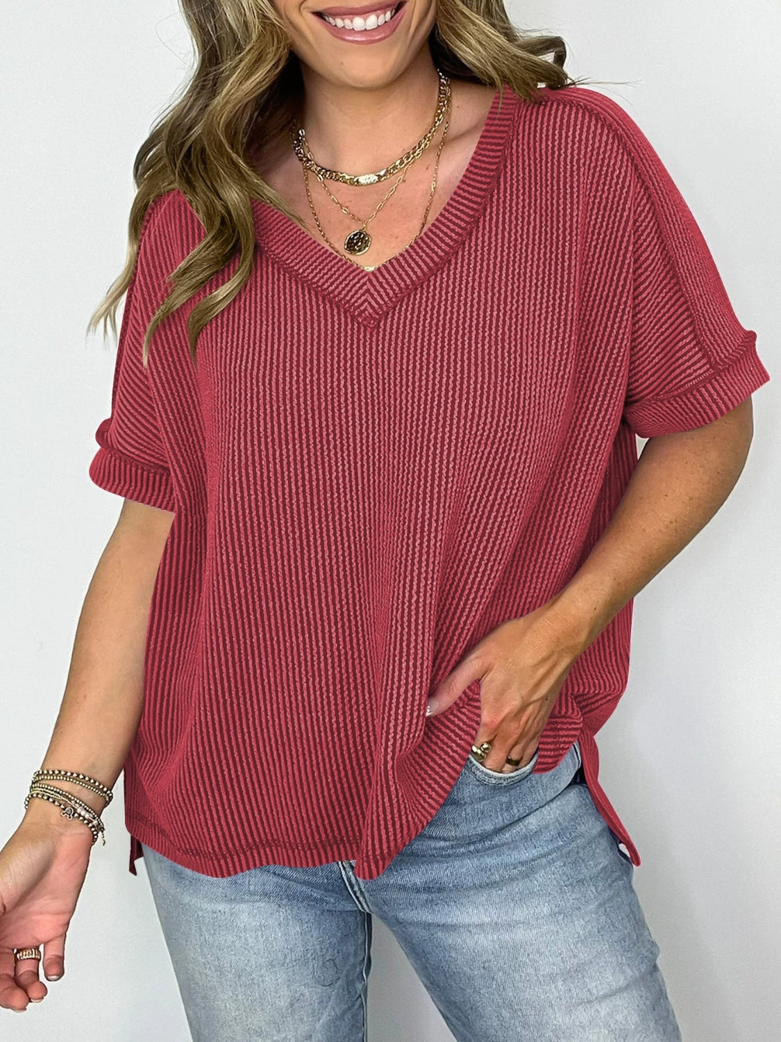 WW | Cord-Ripp V-Ausschnitt Kurzarm T-Shirt