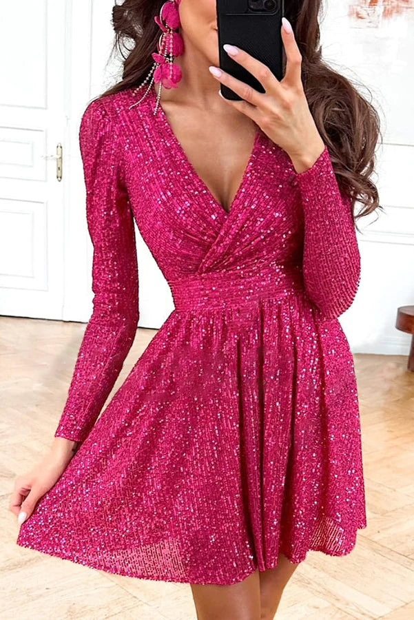 WW | Mädchen Nacht aus Pailletten Wickel Langarm Mini Kleid