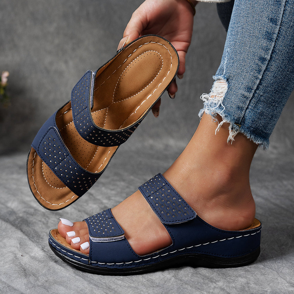 WW | Damen Sandalen Auf Keilabsatz: Goldene, mit Kristallen, Rutschfeste, Komfortable, Elegante, Sommerliche