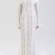 WW | Blumen Spitze Off Shoulder Flare Ärmel Fishtail Maxi Kleider - Weiß