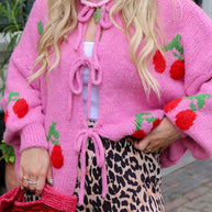 WW | Gebundene Kirsche Rundhalsausschnitt Langarm Cardigan