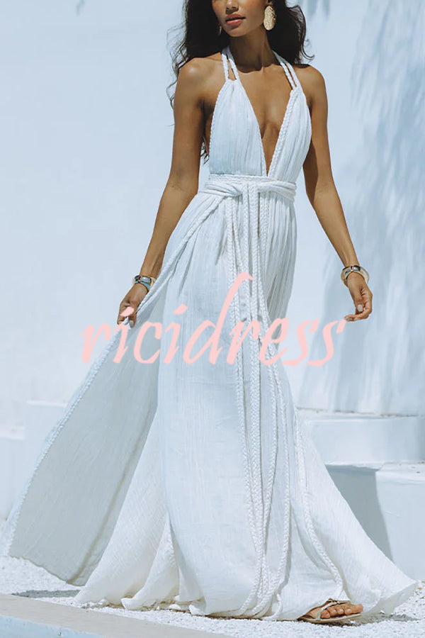 W&W Mode Whispers – Drapiertes Maxikleid aus Leinenmischung mit tiefem V-Ausschnitt, Neckholder und rückenfreiem Überzug