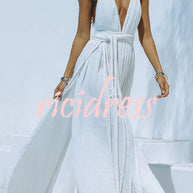 WW Whispers – Drapiertes Maxikleid aus Leinenmischung mit tiefem V-Ausschnitt, Neckholder und rückenfreiem Überzug
