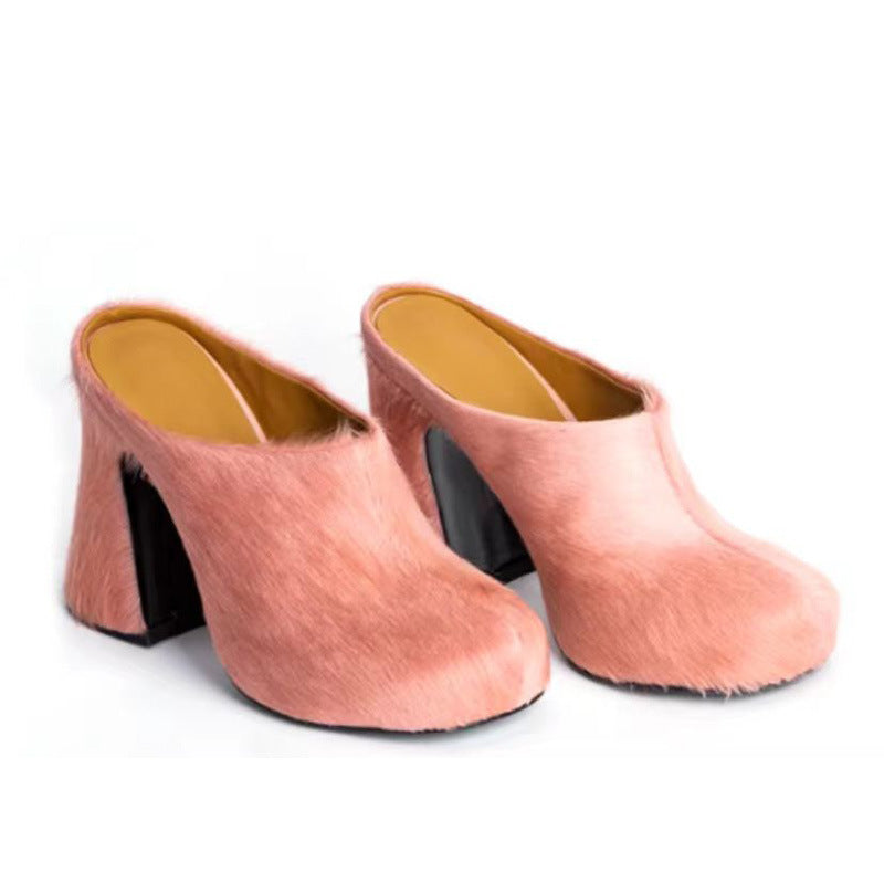 WW | Geschlossene Zehe Rosshaar Chunky Heel Wasserdichte Plattform Slipper