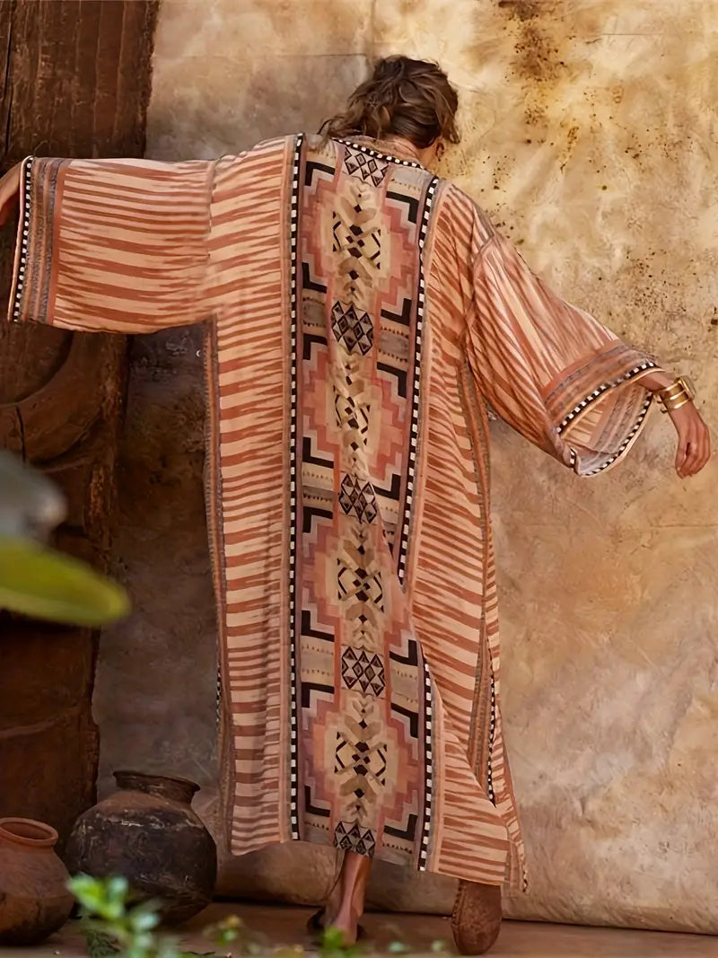 W&W Mode | Boho Plus Size Kimono mit Bindegürtel Maxi Tunika