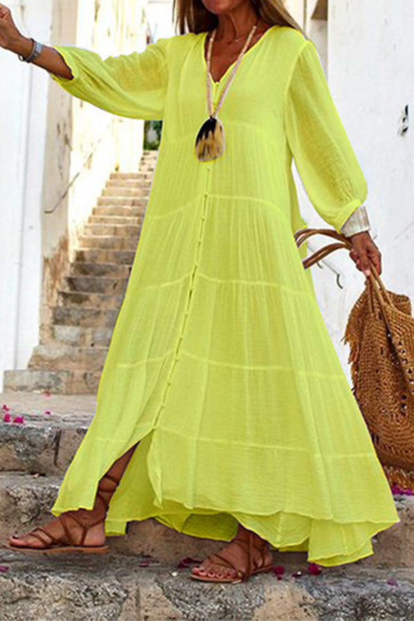 WW | Seraphina Baumwoll-Leinen-Mischung Knopf-Up Gestuftes Maxikleid