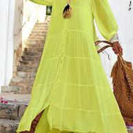 WW | Seraphina Baumwoll-Leinen-Mischung Knopf-Up Gestuftes Maxikleid