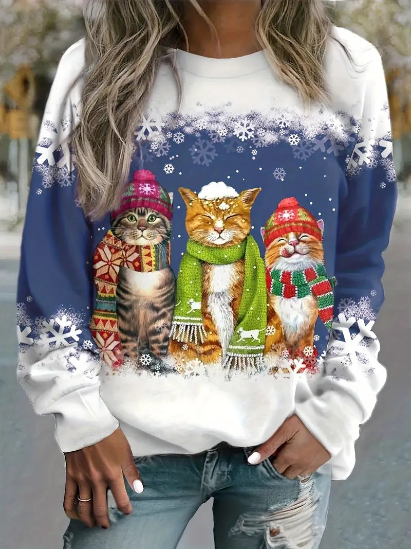 WW | Weihnachtspullover Mit Katzenaufdruck Für Damen