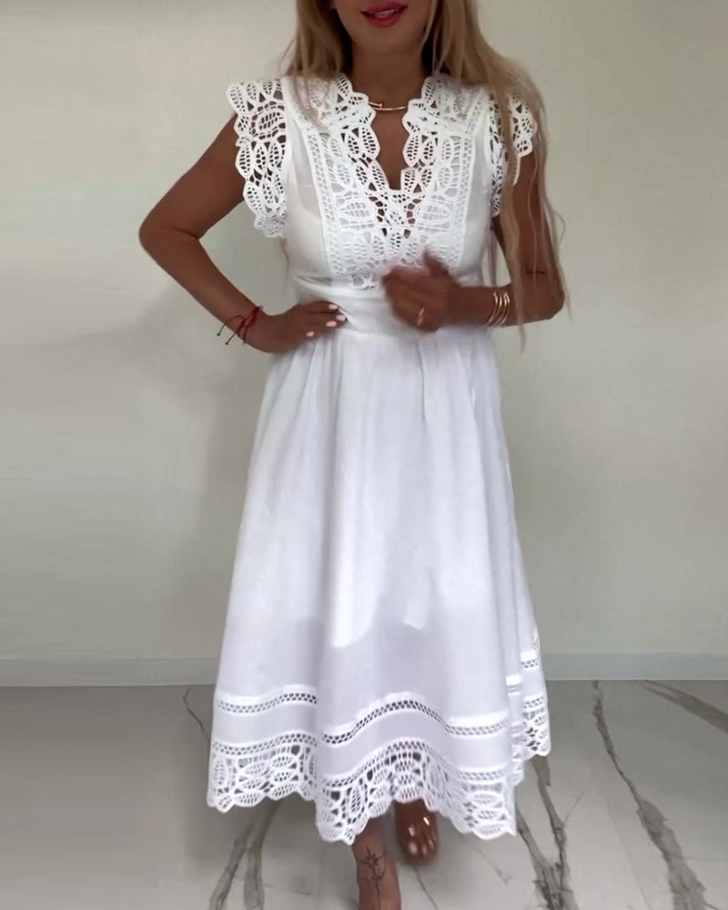 WW | Elegantes Ärmelloses Kleid aus Einfarbiger Spitze mit V-Ausschnitt