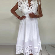 WW | Elegantes Ärmelloses Kleid aus Einfarbiger Spitze mit V-Ausschnitt