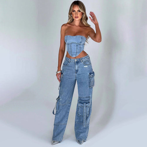 WW | Denim-Anzüge Sommer Sexy Rückenausschnitt Tube Top und Mehrfach-Taschen Gerade Hosen Mode Lange Hosen Anzug Damenbekleidung