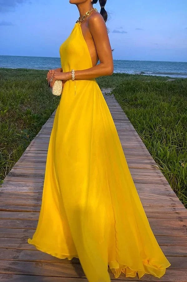 WW | Sunny In Santorini Ketten-Halter Rückenfreies A-Linie Urlaub Maxi Kleid