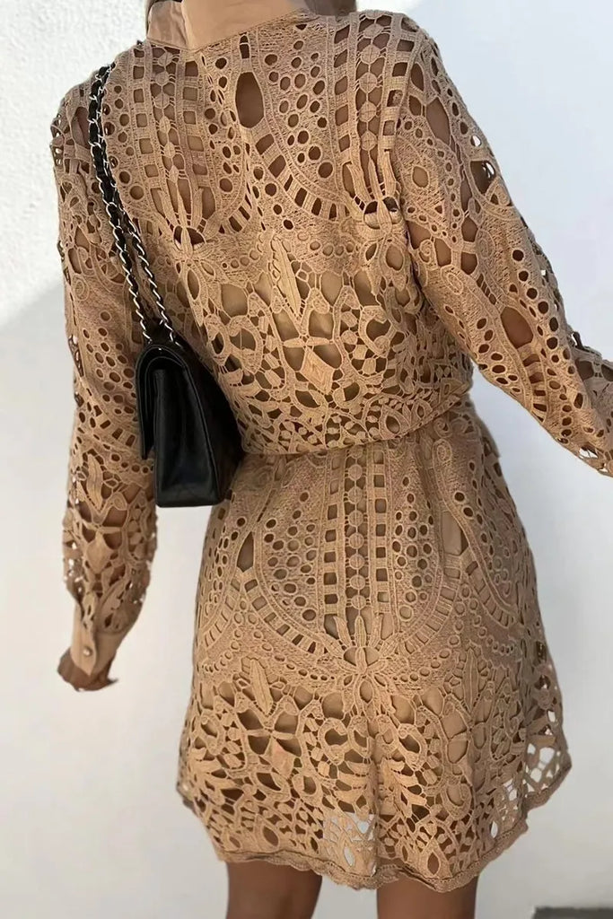 WW | Abendkleid für Damen, V-Ausschnitt, Lange Ärmel, Spitz, Festival Outfit