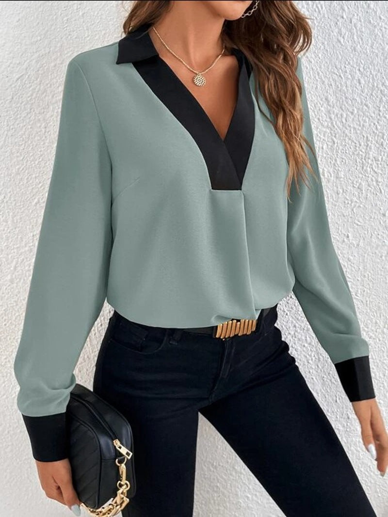 WW Damen-Shirt mit V-Kragen und Kontrastfarben