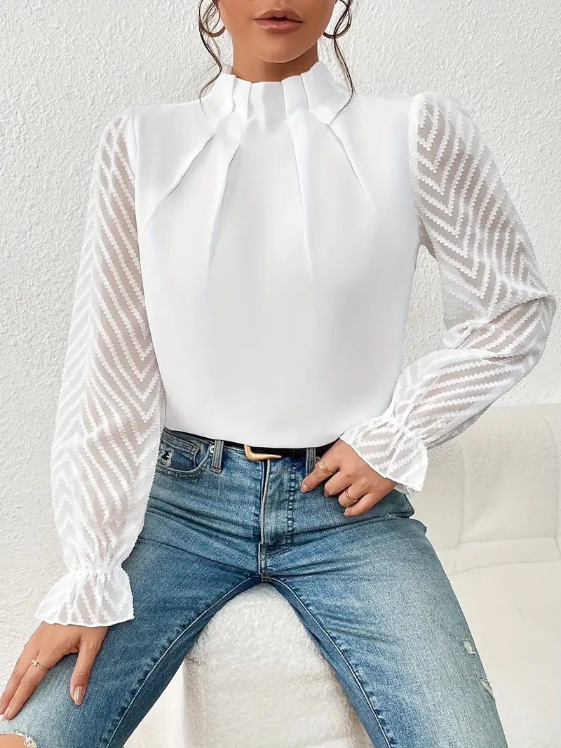 W&W Mode Bluse | Schicker plissierter top mit netzärmeln für damen