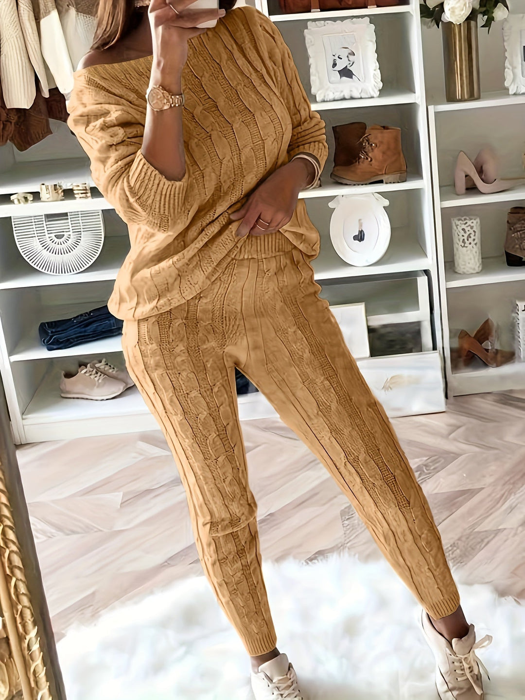 W&W Mode Gestricktes Passendes Sweatshirt & Hosen Outfits Zweiteiliges Set