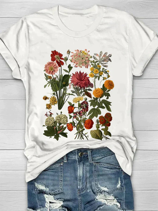 WW | Weinlese Blumen T-shirt Retro Stil Für Lässige Chic