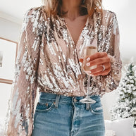 WW | Gala Bluse mit Paillettenfalten und V-Ausschnitt