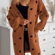 WW | Herzmuster Lange Länge Wolle Strickjacke Für Damen - Ideal für Winter