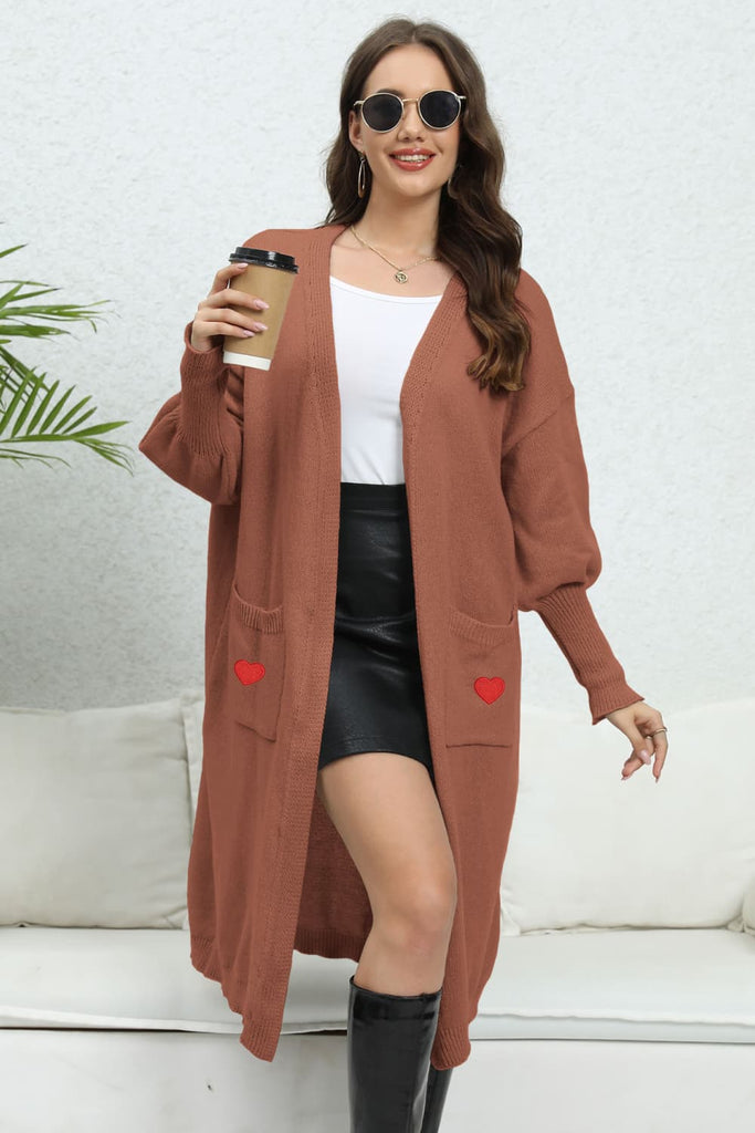 WW | Laternenärmel Offene Vorderseite mit Taschen Strickjacke