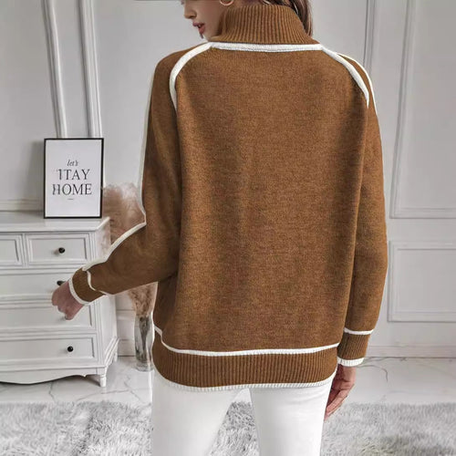 WW | Damen Rollkragenpullover mit kontrastierenden Nähten - lässiger Oversized-Pullover