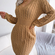 WW | Schicke Herbst Kabelstrick V-Ausschnitt Mini Kleid für Frauen