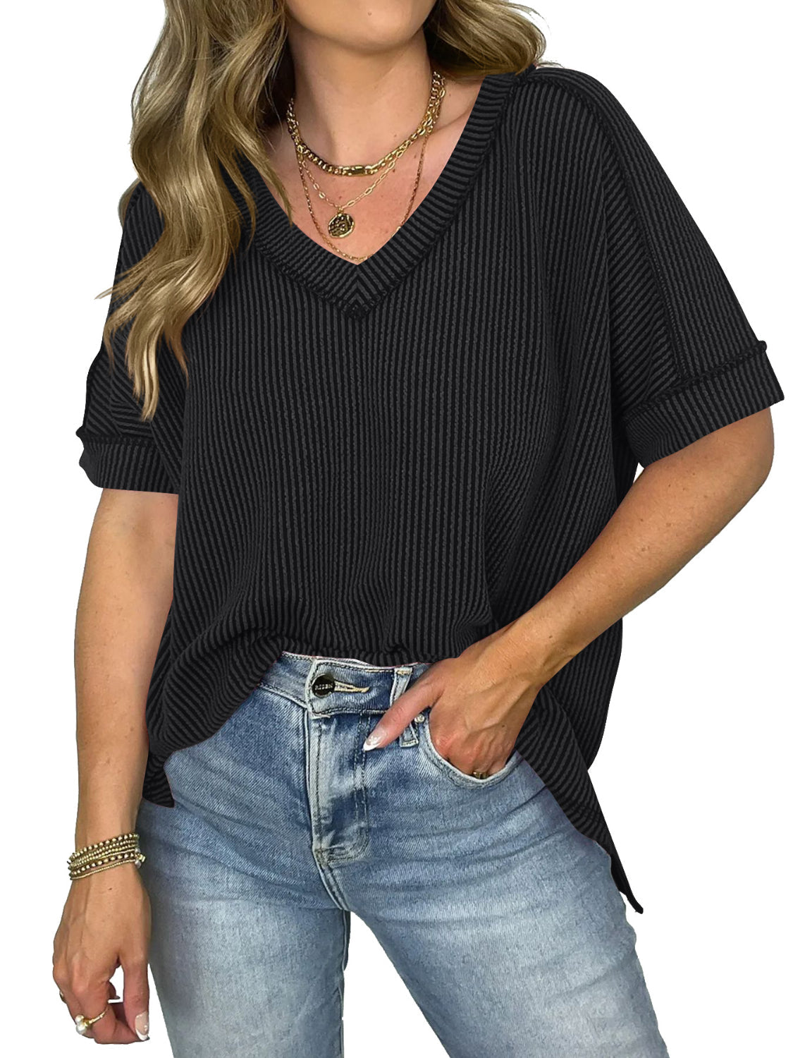 WW | Cord-Ripp V-Ausschnitt Kurzarm T-Shirt