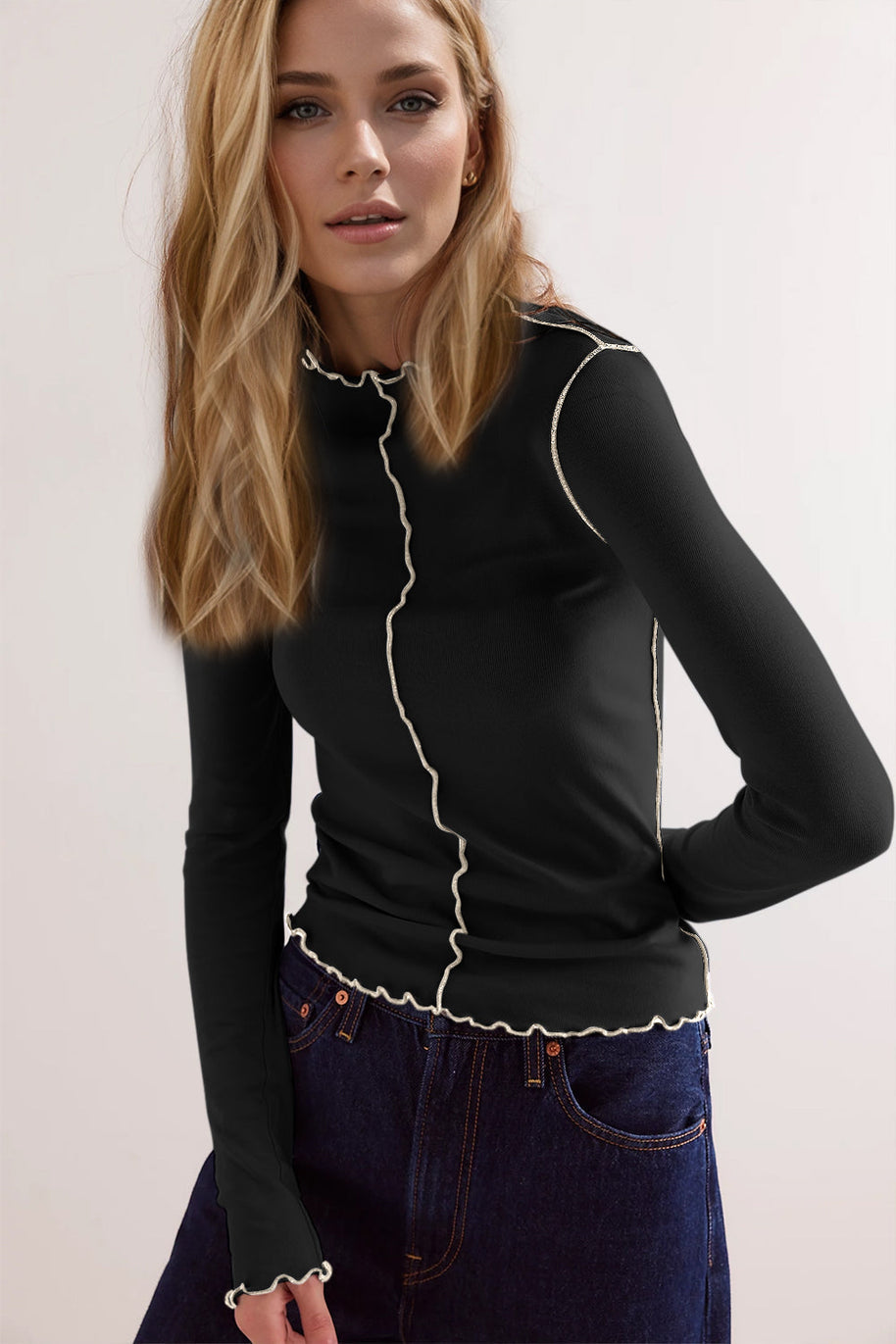 WW | Basic Bae Kontrastbesatz Mock Neck Langarm T-Shirt