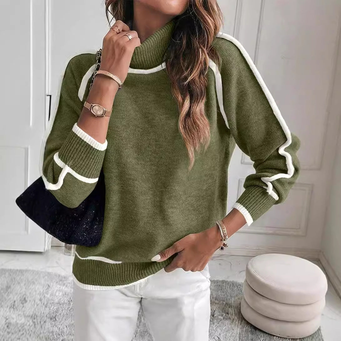 WW | Damen Rollkragenpullover mit kontrastierenden Nähten - lässiger Oversized-Pullover