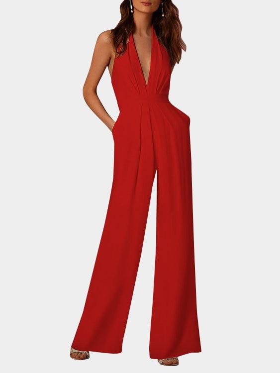 WW | Tiefer V-Ausschnitt Ärmelloser Breiter Bein Jumpsuit