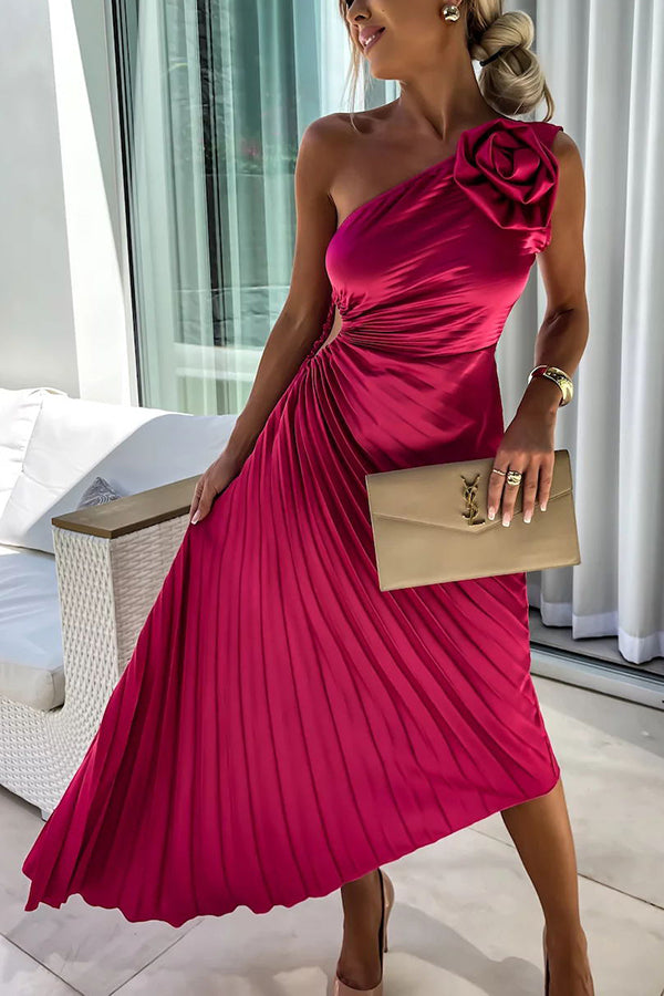 WW | Romantische Nächte Satin Erhabenes Blumen Elastisches Cutout Ein-Schulter Plissee Maxi Kleid