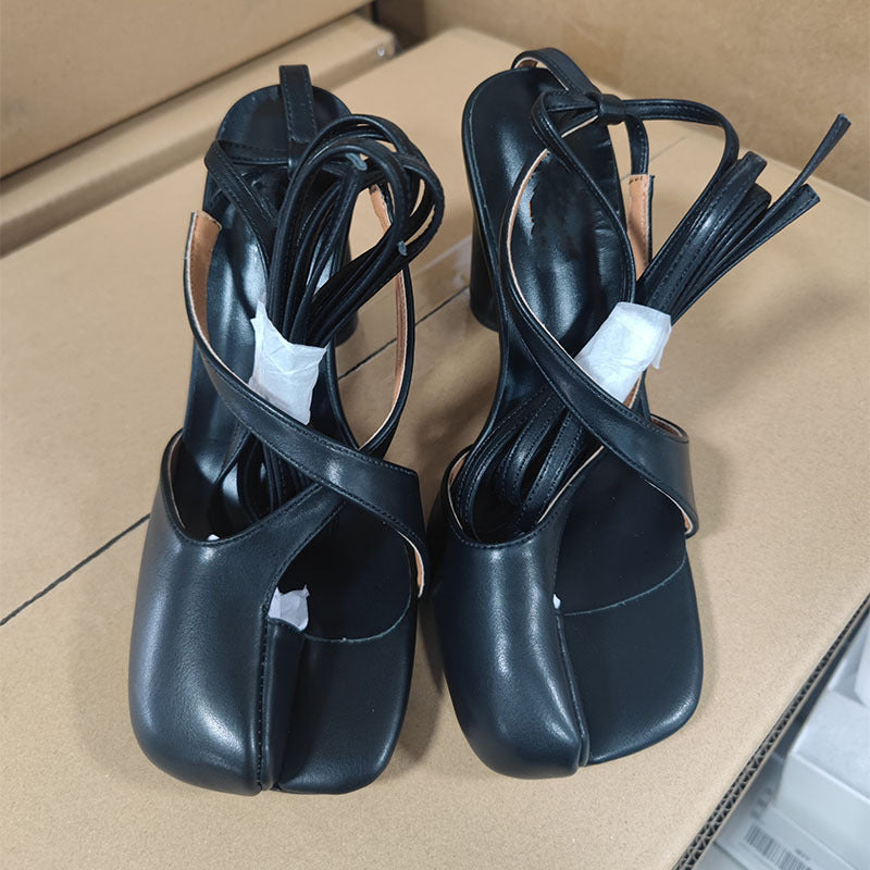 WW | Rund Kopf Chunky Absatz Hoher Absatz Kreuzriemen Plus Größe Aushöhlte Sandalen
