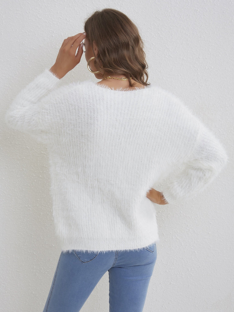 WW | Weißer Flauschiger Strickpullover