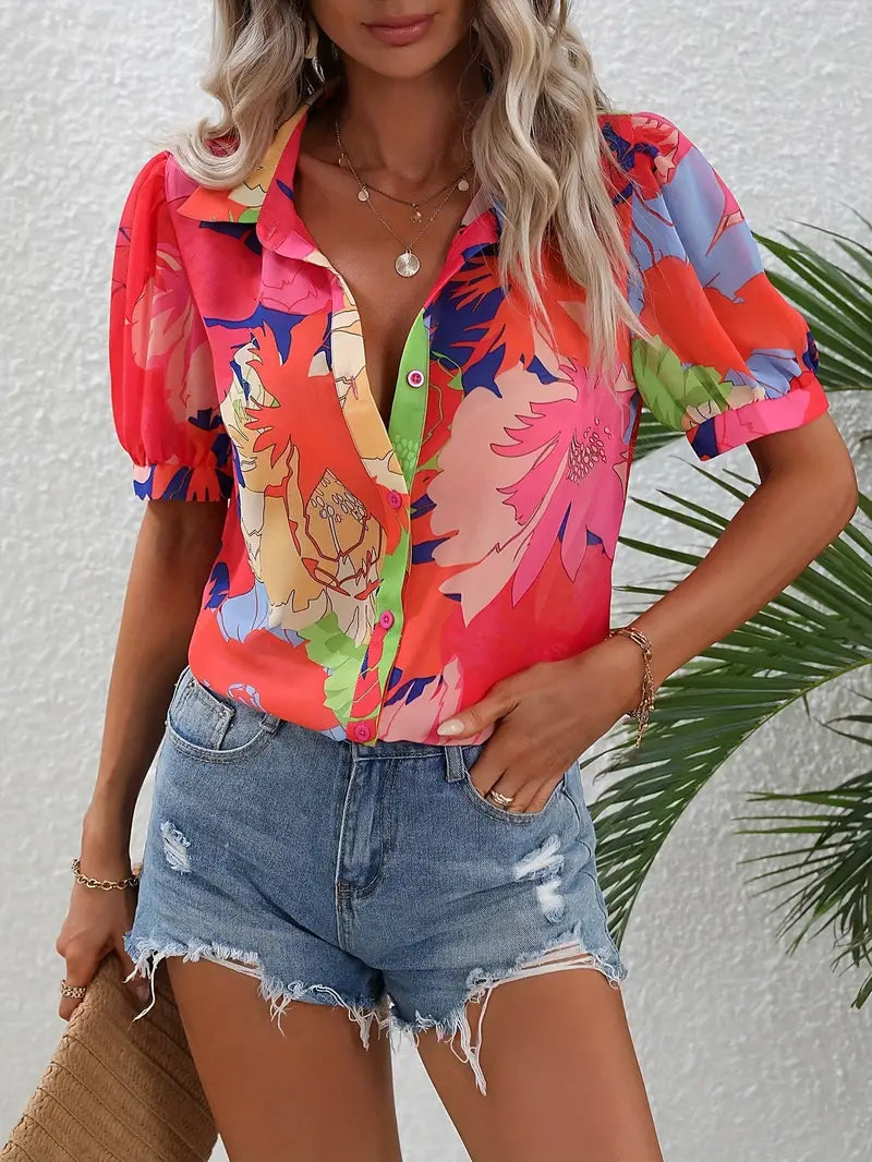 WW | Bluse mit Blühenden Blumen und Blumenmuster Sowie Knopfverschluss