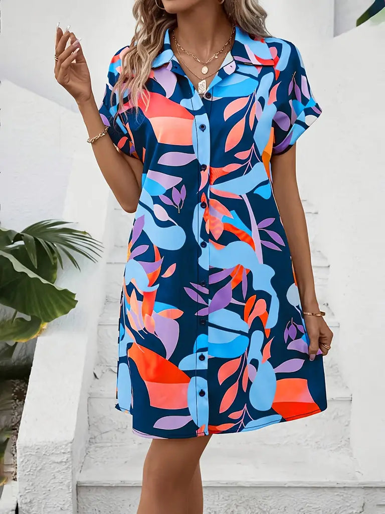 WW | Blaue Sommerkleid Tunika Elegante Bluse mit Druck