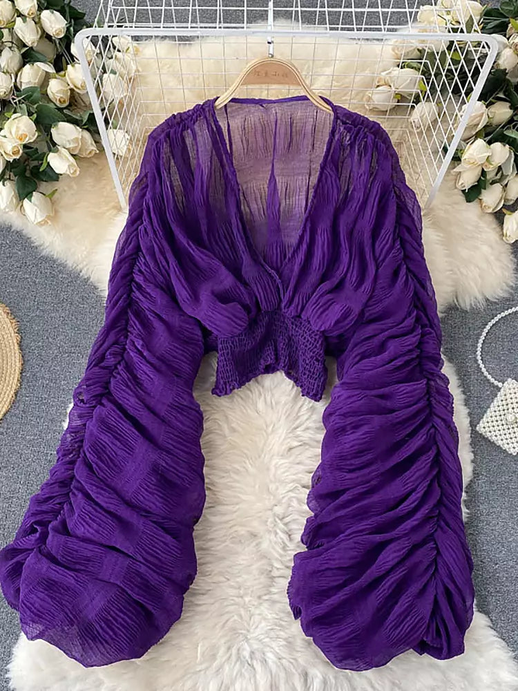 W&W Mode | Elegantes Chiffon V-Leder Puff Lange Ärmel Kurze Tops