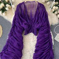 WW | Elegantes Chiffon V-Leder Puff Lange Ärmel Kurze Tops