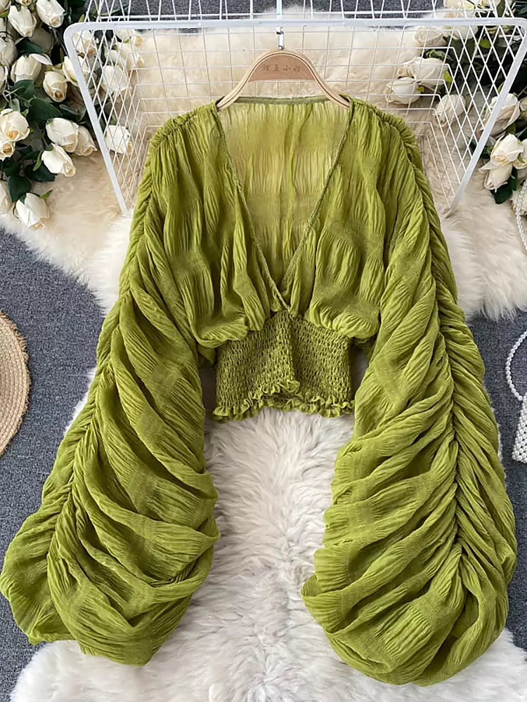 WW | Elegantes Chiffon V-Leder Puff Lange Ärmel Kurze Tops