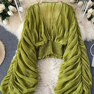 WW | Elegantes Chiffon V-Leder Puff Lange Ärmel Kurze Tops