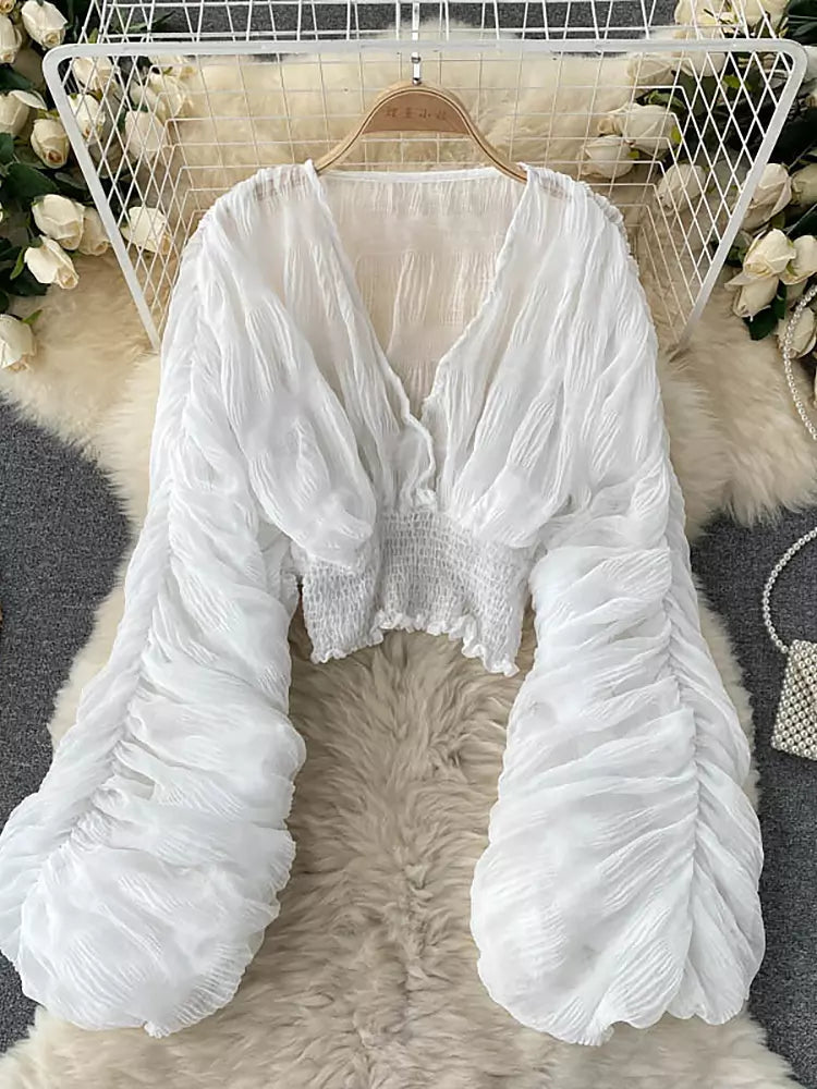 W&W Mode | Elegantes Chiffon V-Leder Puff Lange Ärmel Kurze Tops