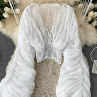 WW | Elegantes Chiffon V-Leder Puff Lange Ärmel Kurze Tops