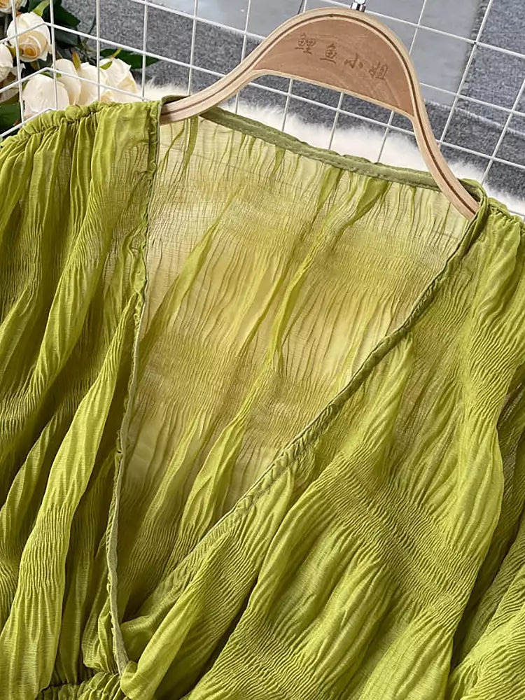 W&W Mode | Elegantes Chiffon V-Leder Puff Lange Ärmel Kurze Tops