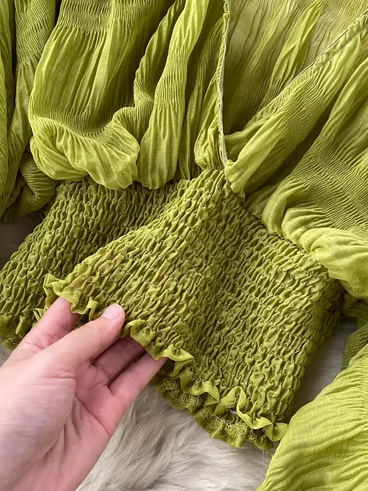 W&W Mode | Elegantes Chiffon V-Leder Puff Lange Ärmel Kurze Tops