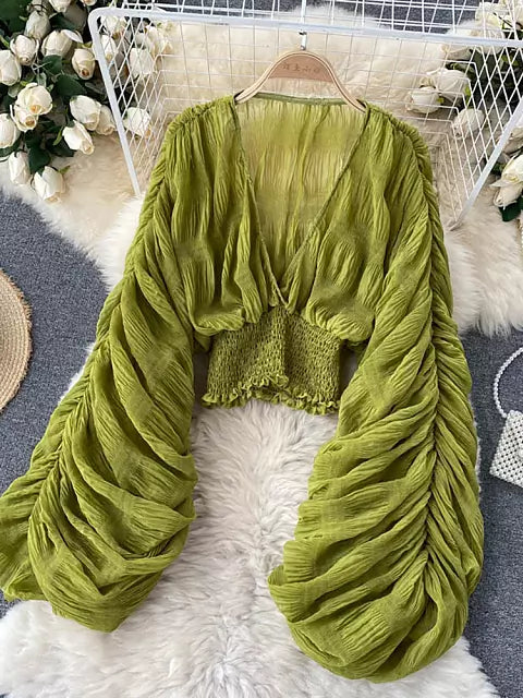 W&W Mode | Elegantes Chiffon V-Leder Puff Lange Ärmel Kurze Tops
