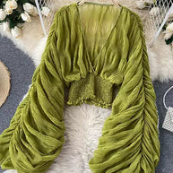 WW | Elegantes Chiffon V-Leder Puff Lange Ärmel Kurze Tops