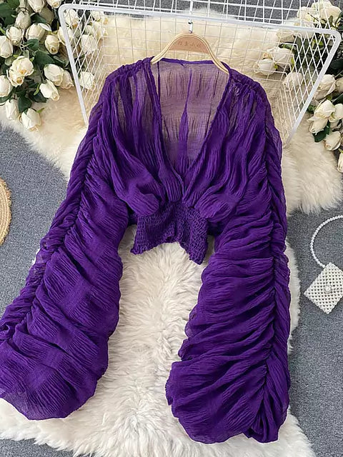 W&W Mode | Elegantes Chiffon V-Leder Puff Lange Ärmel Kurze Tops