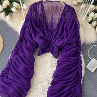 WW | Elegantes Chiffon V-Leder Puff Lange Ärmel Kurze Tops