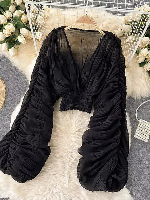 W&W Mode | Elegantes Chiffon V-Leder Puff Lange Ärmel Kurze Tops