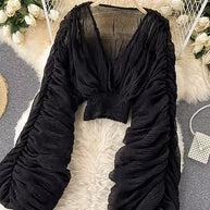 WW | Elegantes Chiffon V-Leder Puff Lange Ärmel Kurze Tops