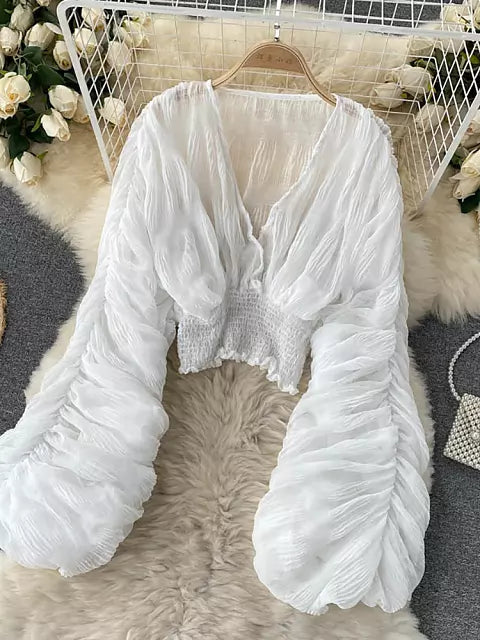 W&W Mode | Elegantes Chiffon V-Leder Puff Lange Ärmel Kurze Tops